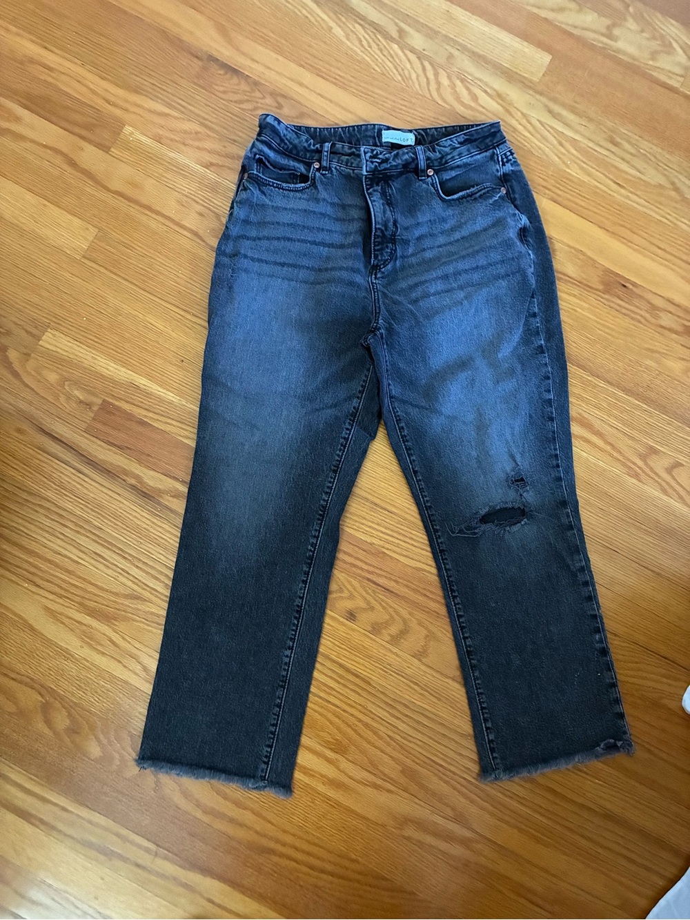 LOFT Black Washed Straight-Leg Jeans with Knee Distress